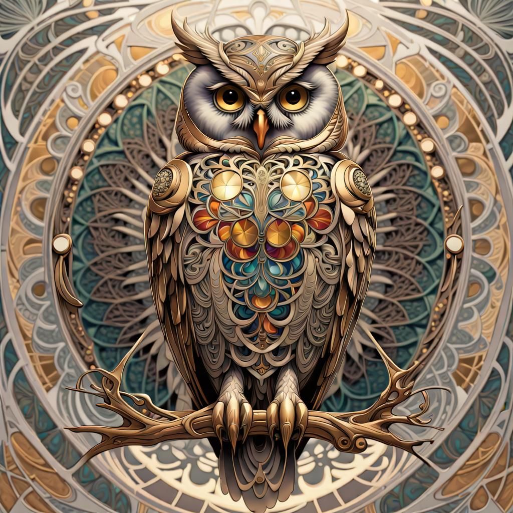 Art Nouveau Owl Card with Fractal Mandala