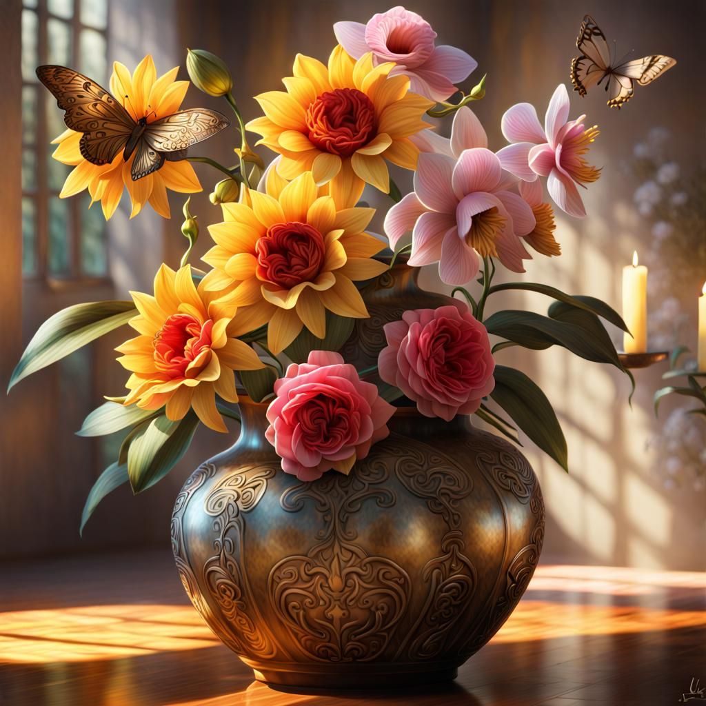 Ornate Vase with Flowers and Butterfly, Artstation Concept A...