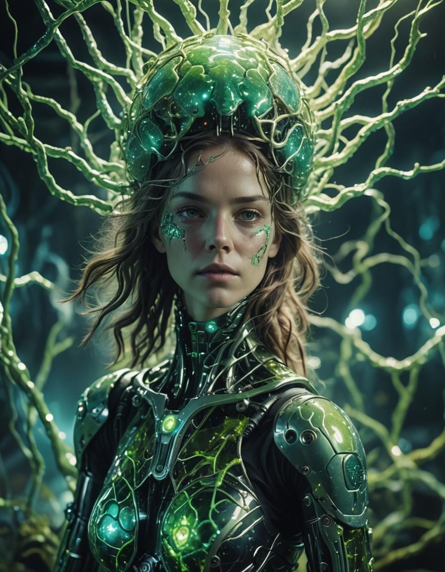 Bioluminescent Algae Cyborg with Glass Brain