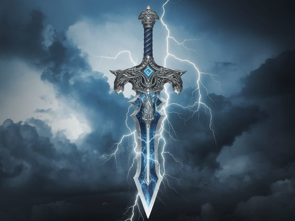 Epic Fantasy Lightning Sword Soars in Stormy Skies