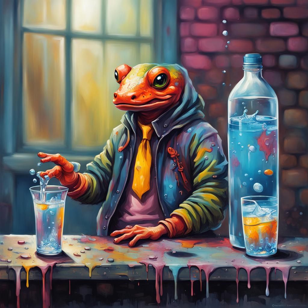 Salamander in Street Art Style Holding Water