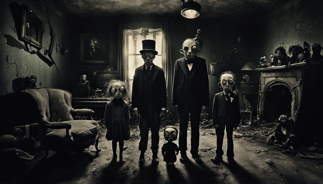 Surreal Family of Dark Whimsy Figures in Victorian Decay