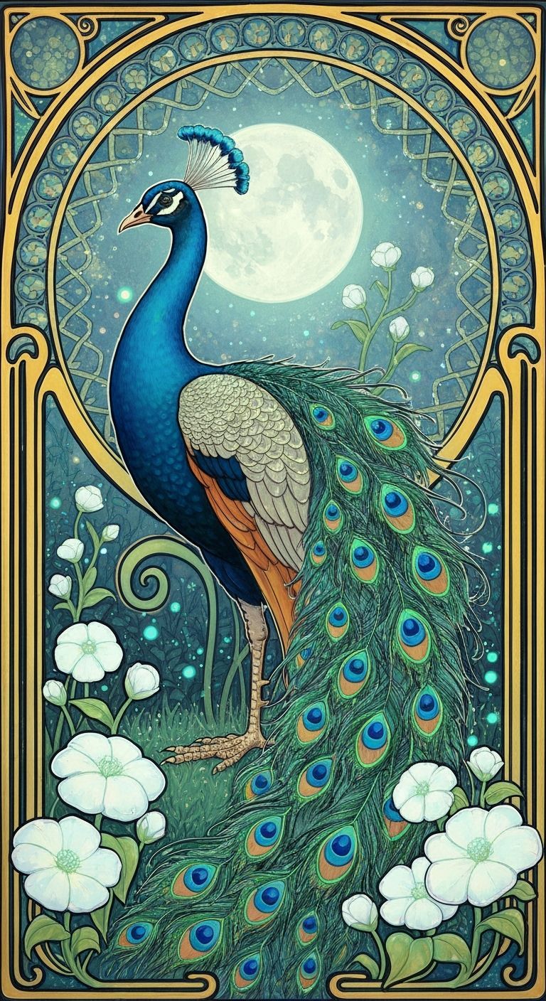 Art Nouveau Peacock in Enchanted Moonlit Garden