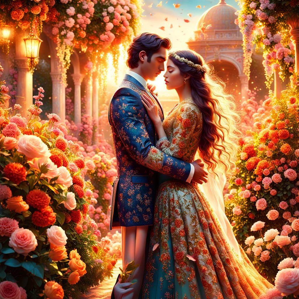 Romantic Embrace in a Blooming Garden at Golden Hour