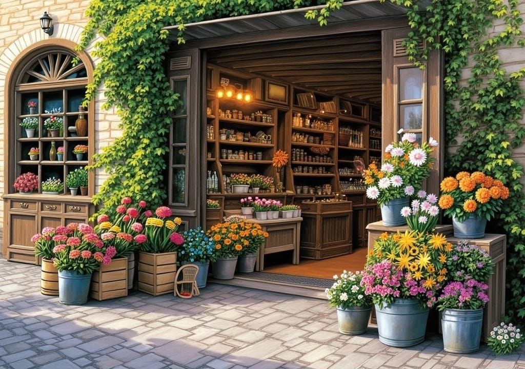 Charming Old-Fashioned Flower Shop in Evening Light