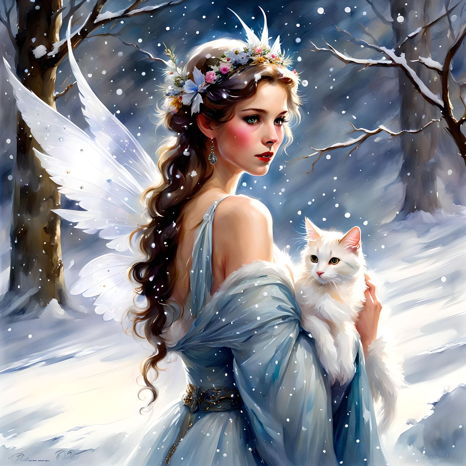 Beautiful  fantasy snow fairy and her beautiful cat