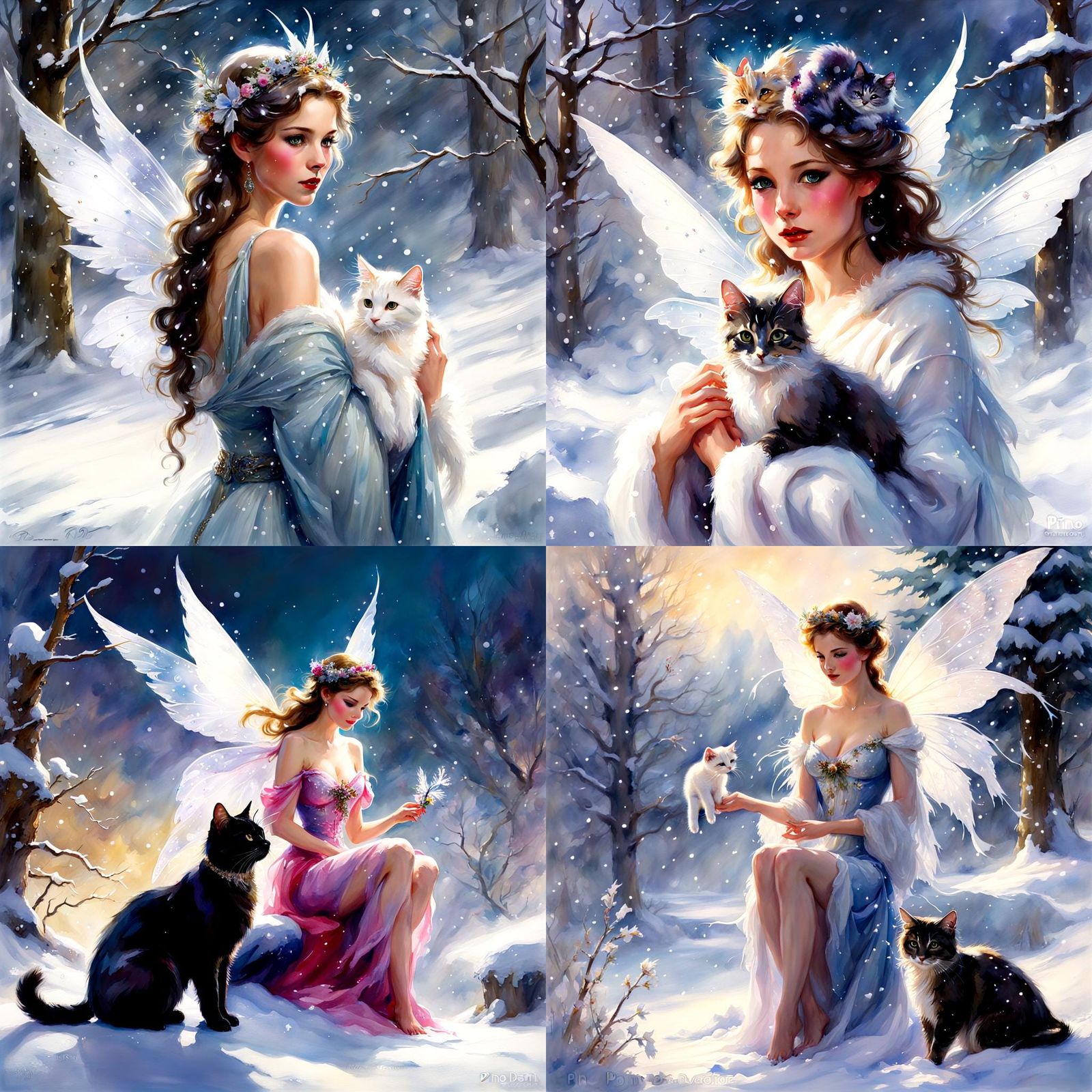 Beautiful  fantasy snow fairy and her beautiful cat
