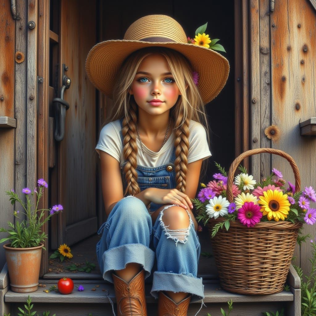 Girl in Overalls with Flower Basket on Farmhouse Porch