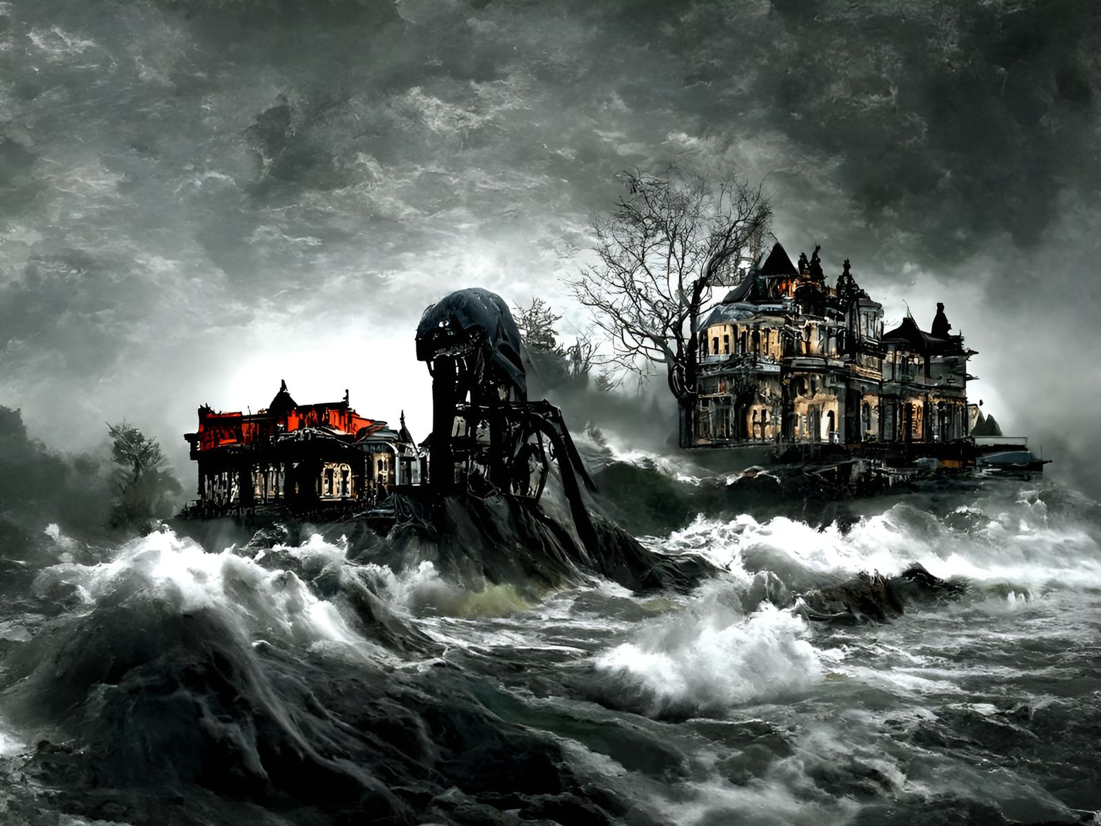 Eerie Victorian Mansion on the Ocean, Hyperrealistic Digital...