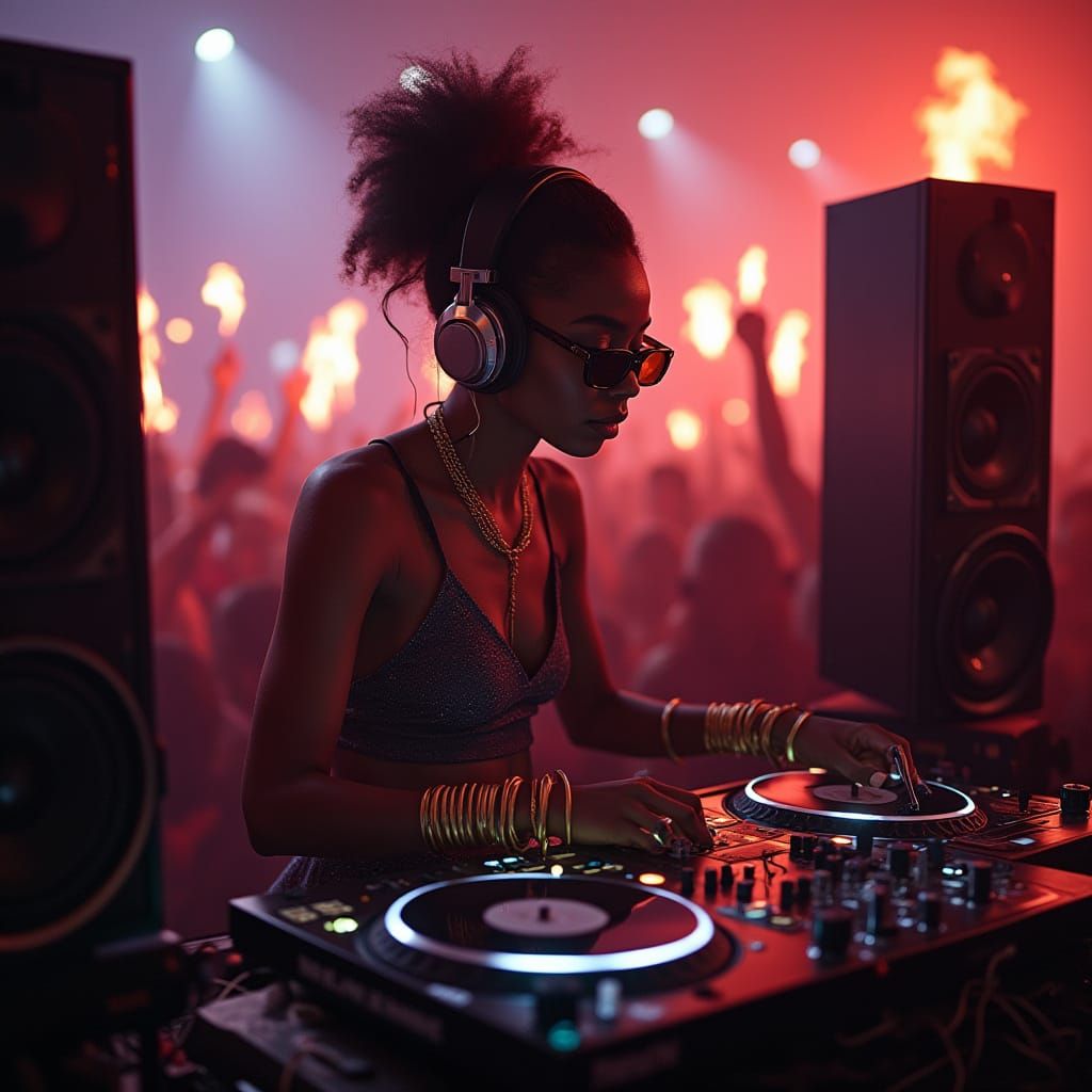 Black Woman DJing in Vibrant Basement Club