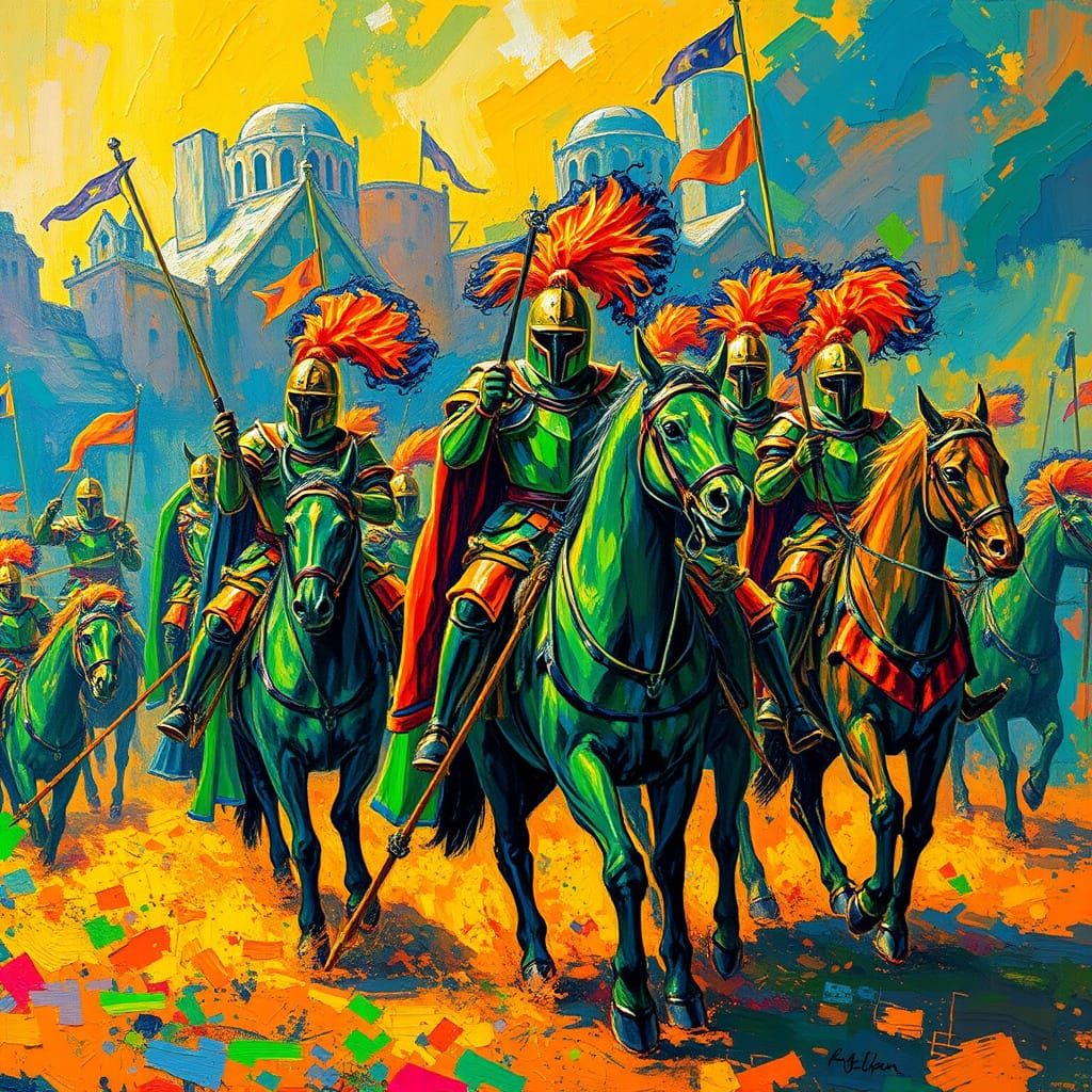 Neon Knights Ride in Impressionistic Expressionism