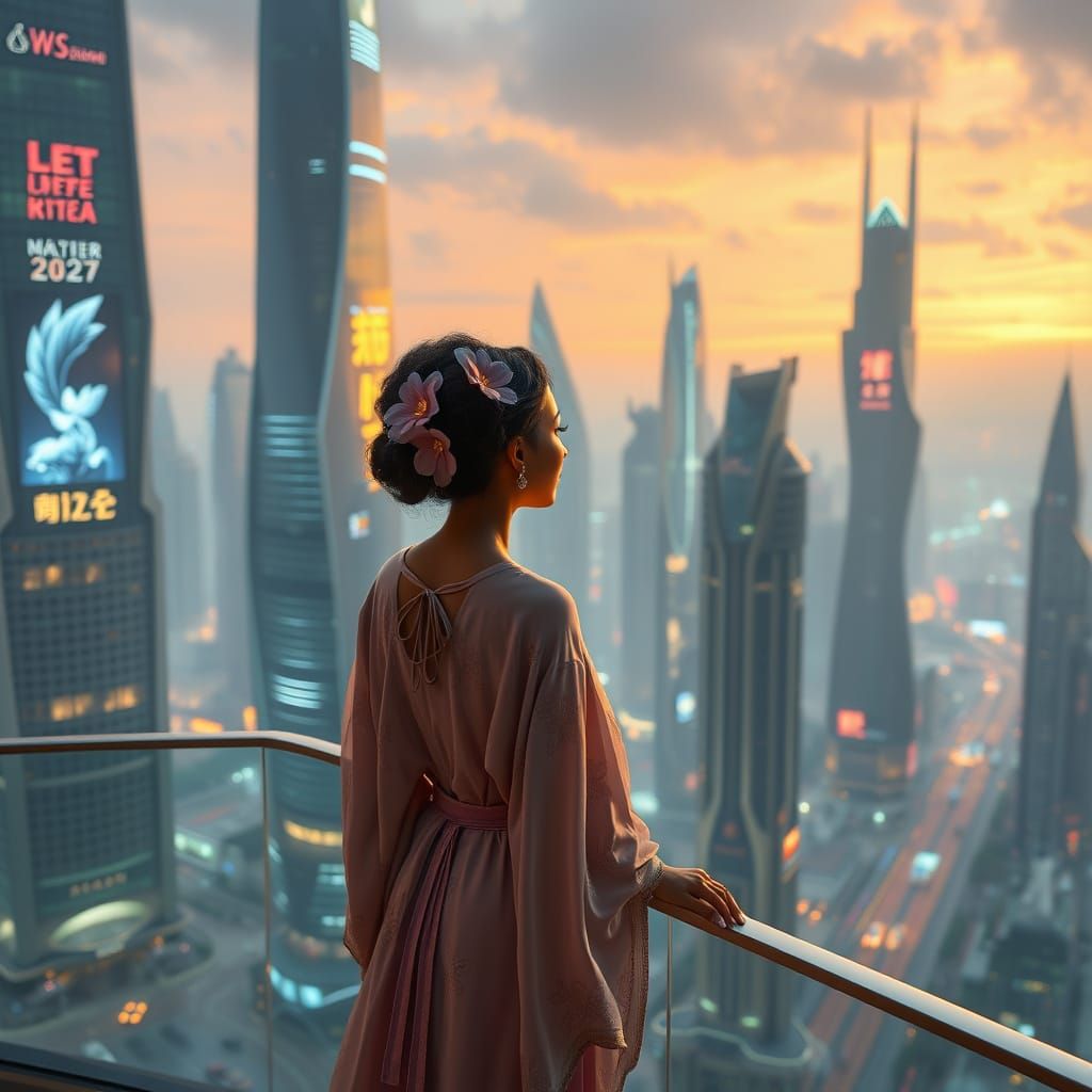 Futuristic Metropolis View with Serene Woman