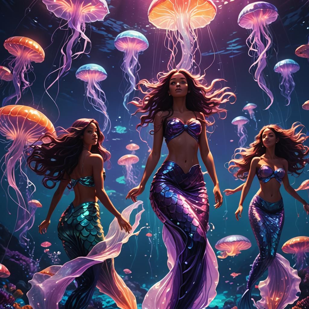 Enchanted Ocean with Mermaids in Neon Art Style