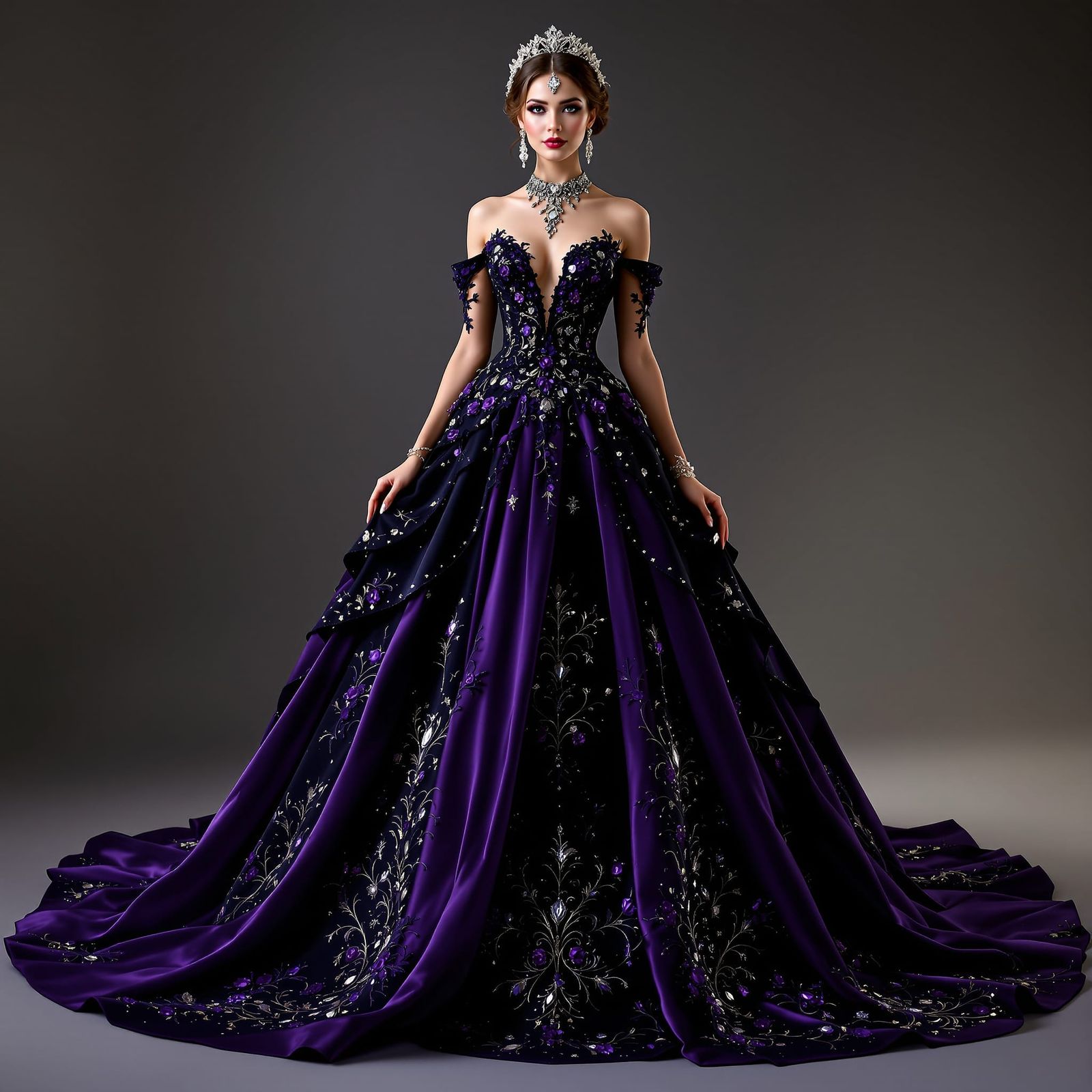 Stunning Woman in Black and Purple Wedding Dress with Jewels