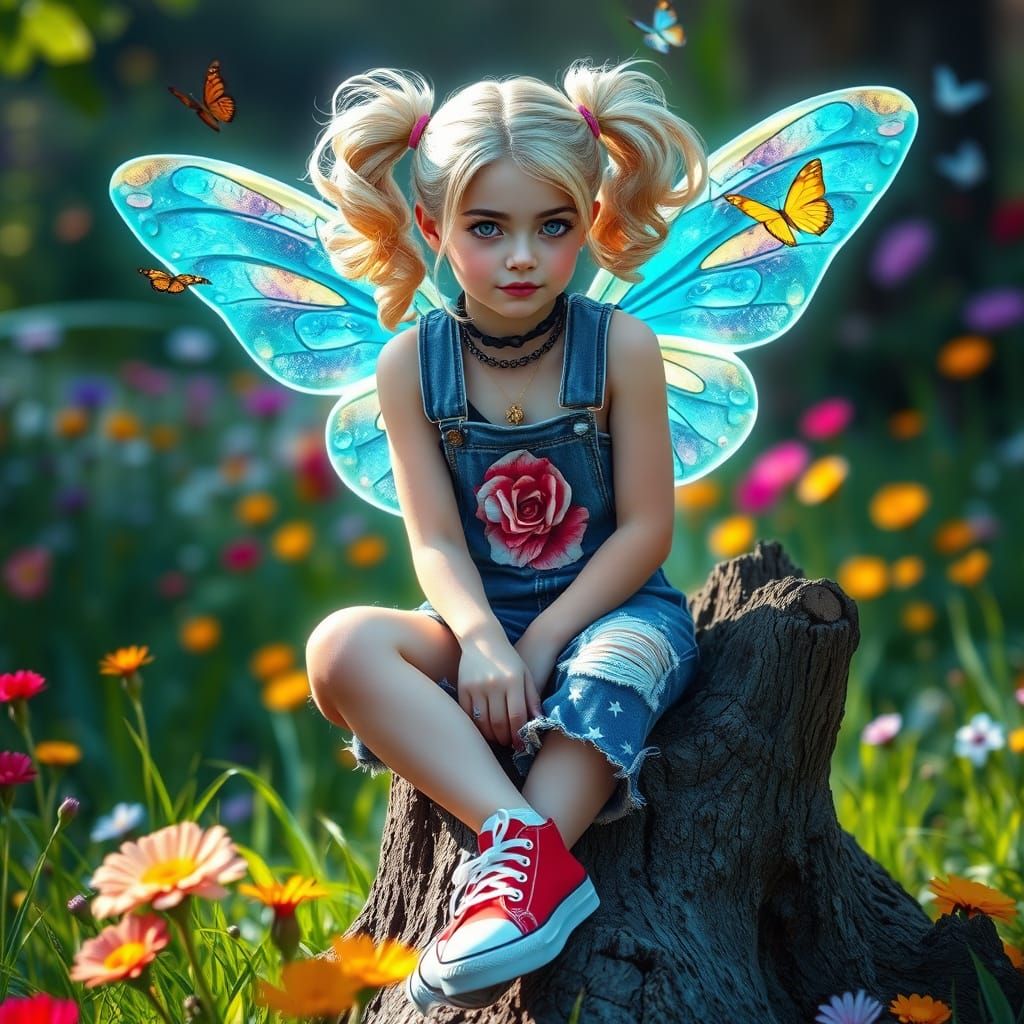 A sweet, beautiful, and whimsical photorealistic teenage Harley Quinn with curly blonde pigtails and bright blue eyes, w...