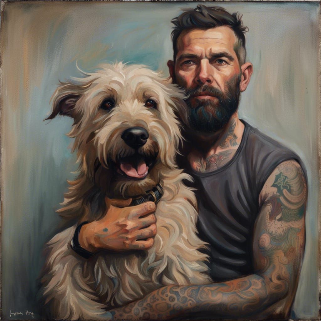Man and Dog Portrait in Hyperrealistic Pop Art Style
