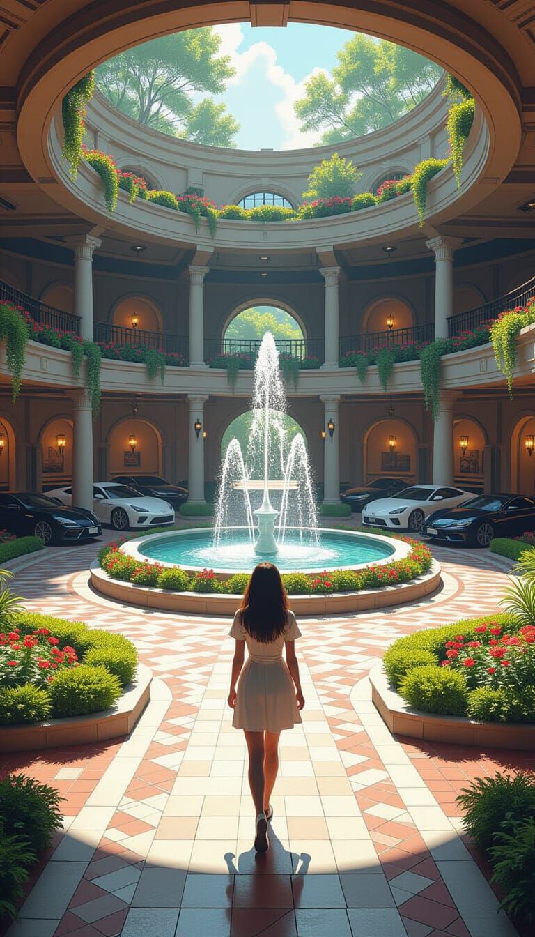 Futuristic Underground Car Park with Fountains