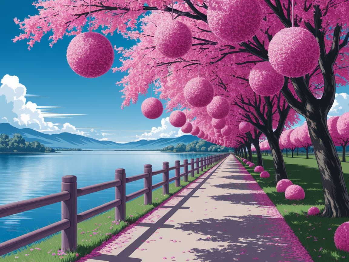 Pink Floral Balls Adorn Lakeside Pathway in Pop Art Style