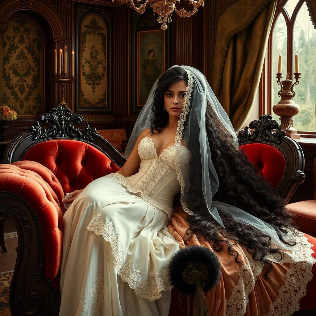 Bride in Lavish Boudoir, Pre-Raphaelite Style