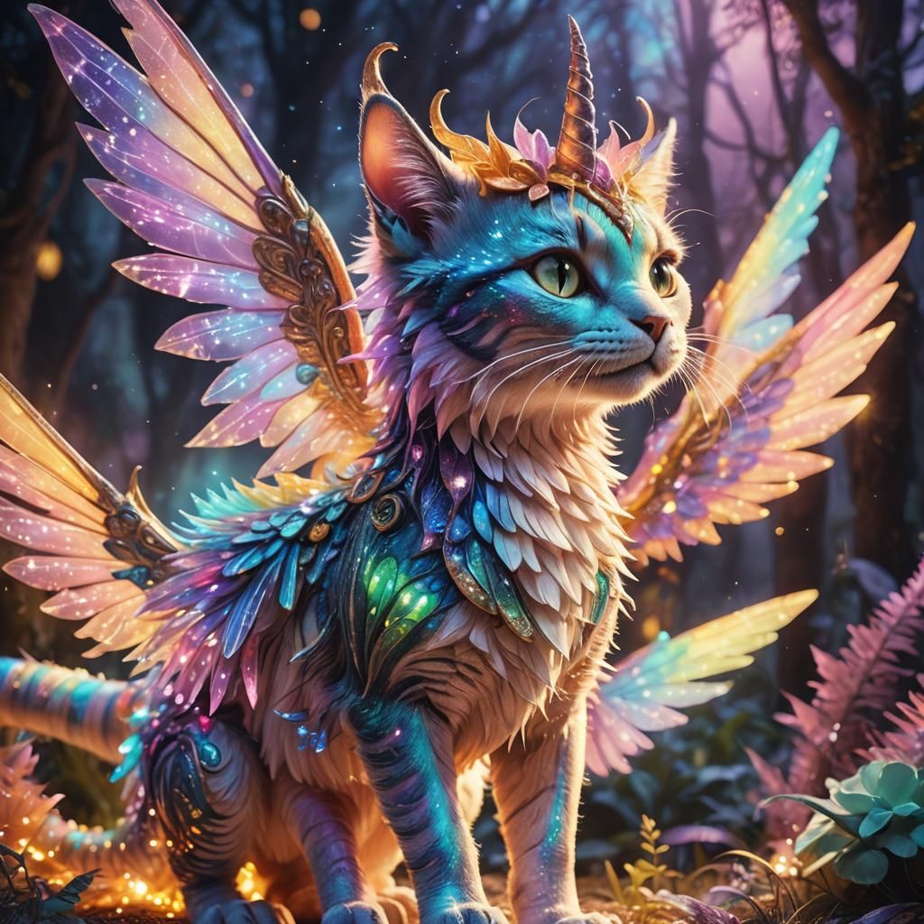 Fairy Cat Rides Dinosaur Unicorn in Fantasy Art