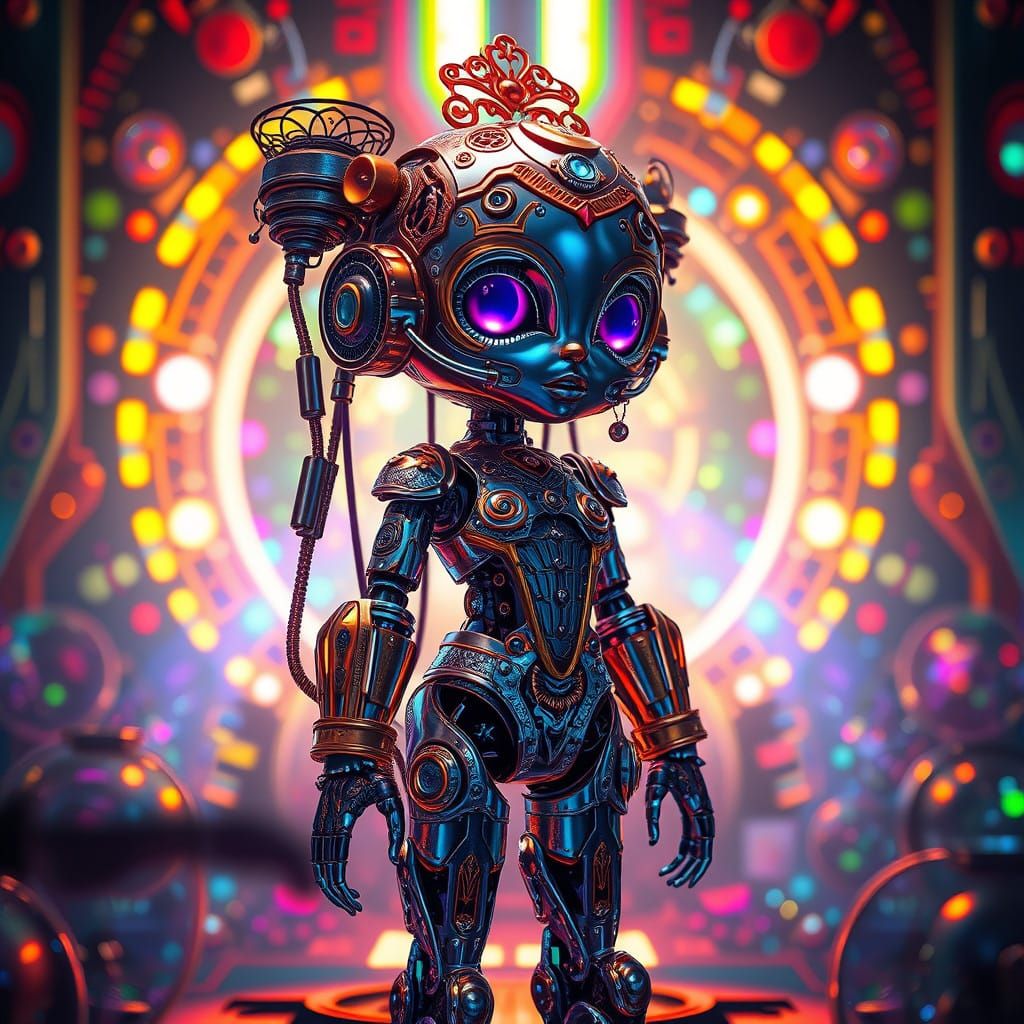 Cyberpunk Mechanical Doll in Vibrant Dreamscape