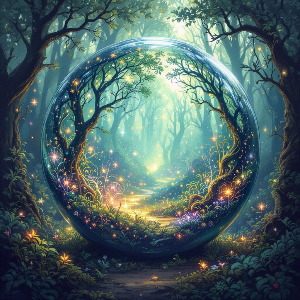 Mystical Forest Orb with Ethereal Lights and Swirling Patter...