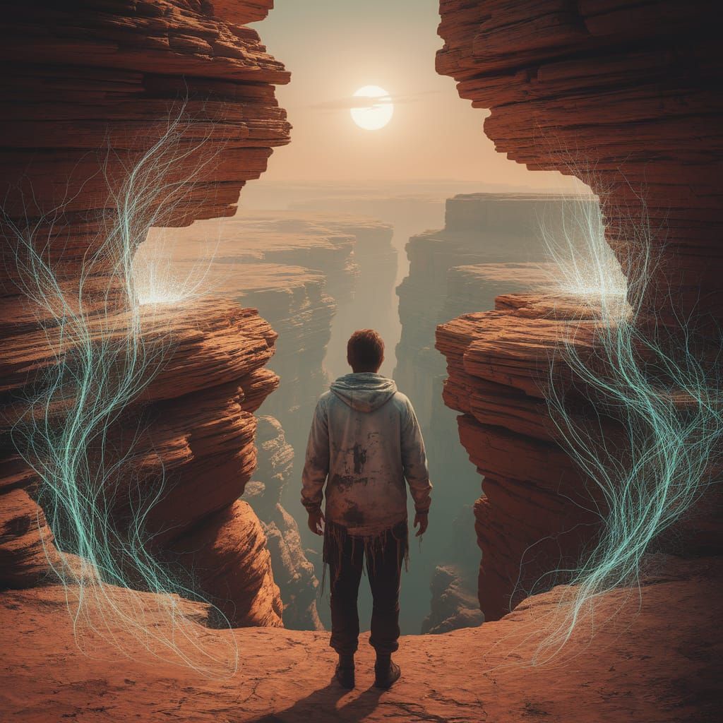 Solitary Figure at Canyon's Edge in Retrofuturistic Style