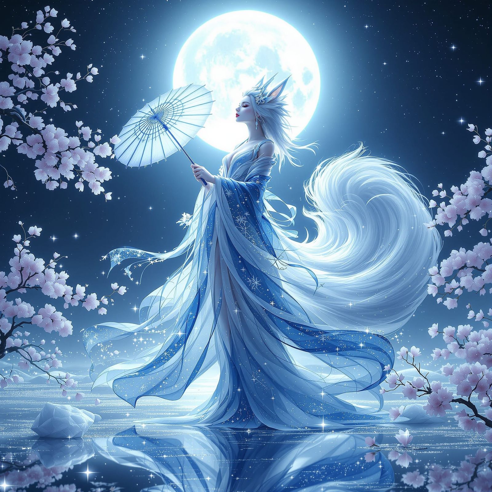 Moon Goddess Kitsune with Crystal Cherry Blossoms