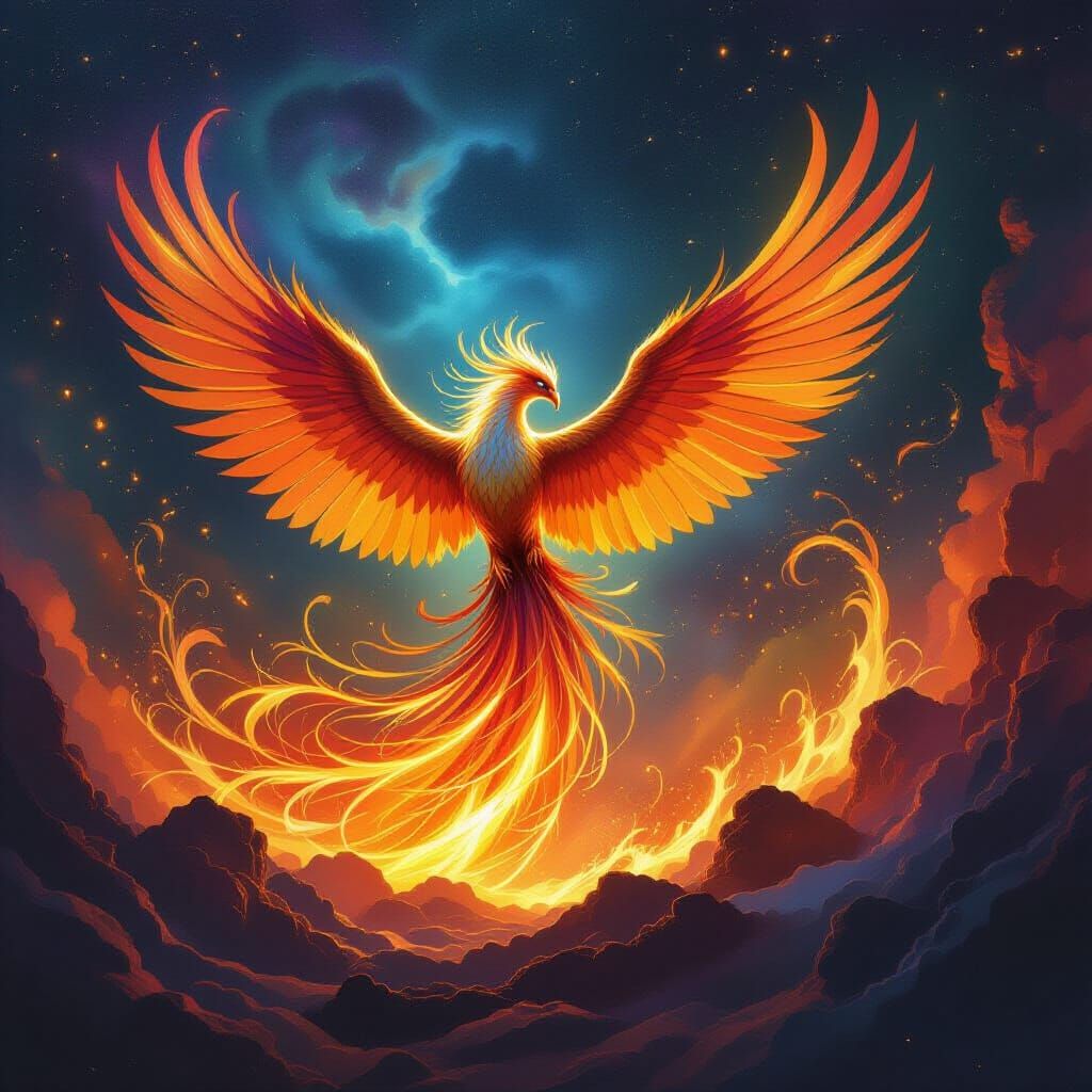 Majestic Phoenix Erupts from Fiery Vortex in Cosmic Nebula