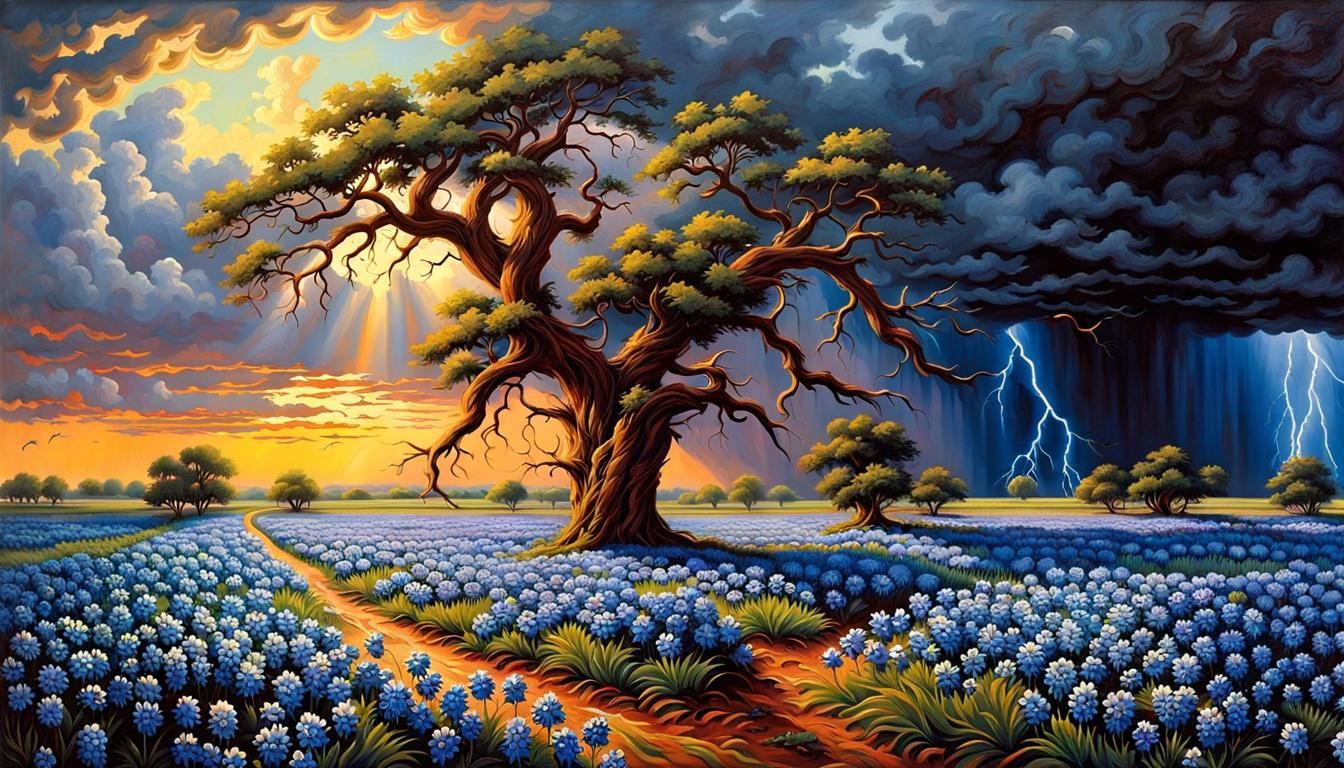 Bluebonnet Field Under Stormy Sky: Landscape Painting