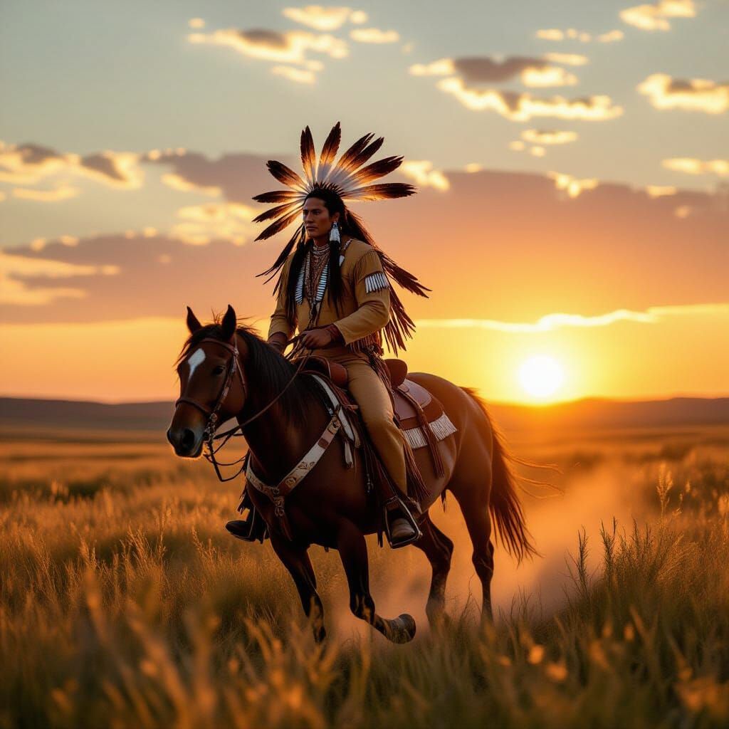 Native American Warrior Rides into Golden Sunset as Impasto ...