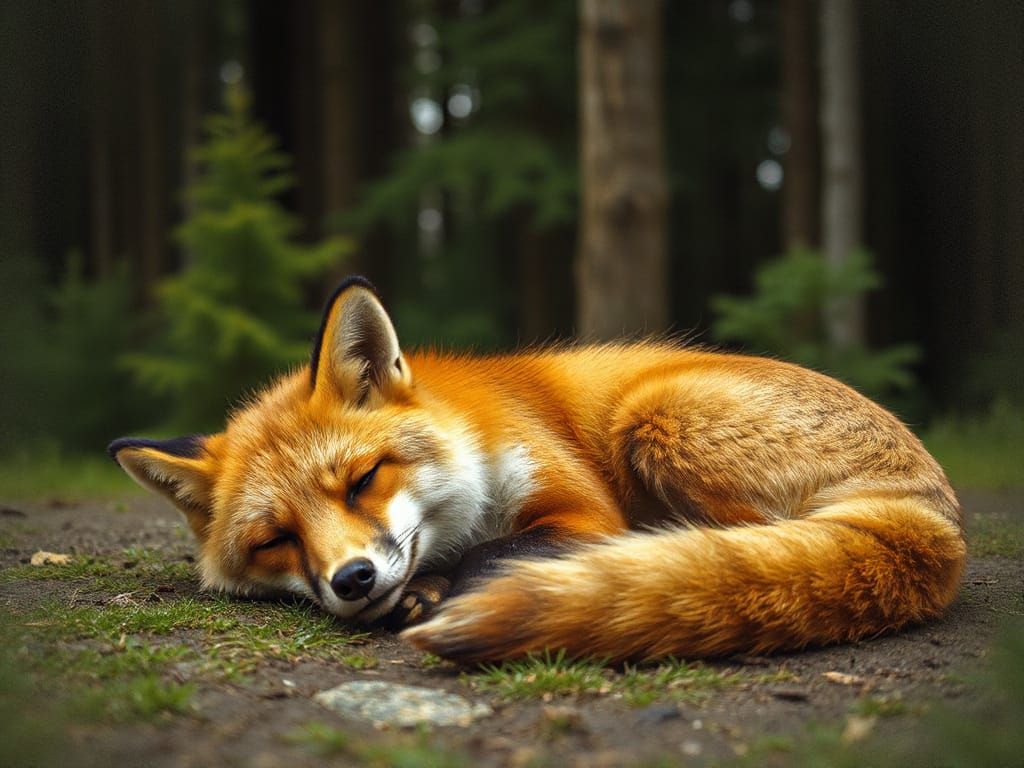 Relaxed Red Fox Sleeping in Forest Painting