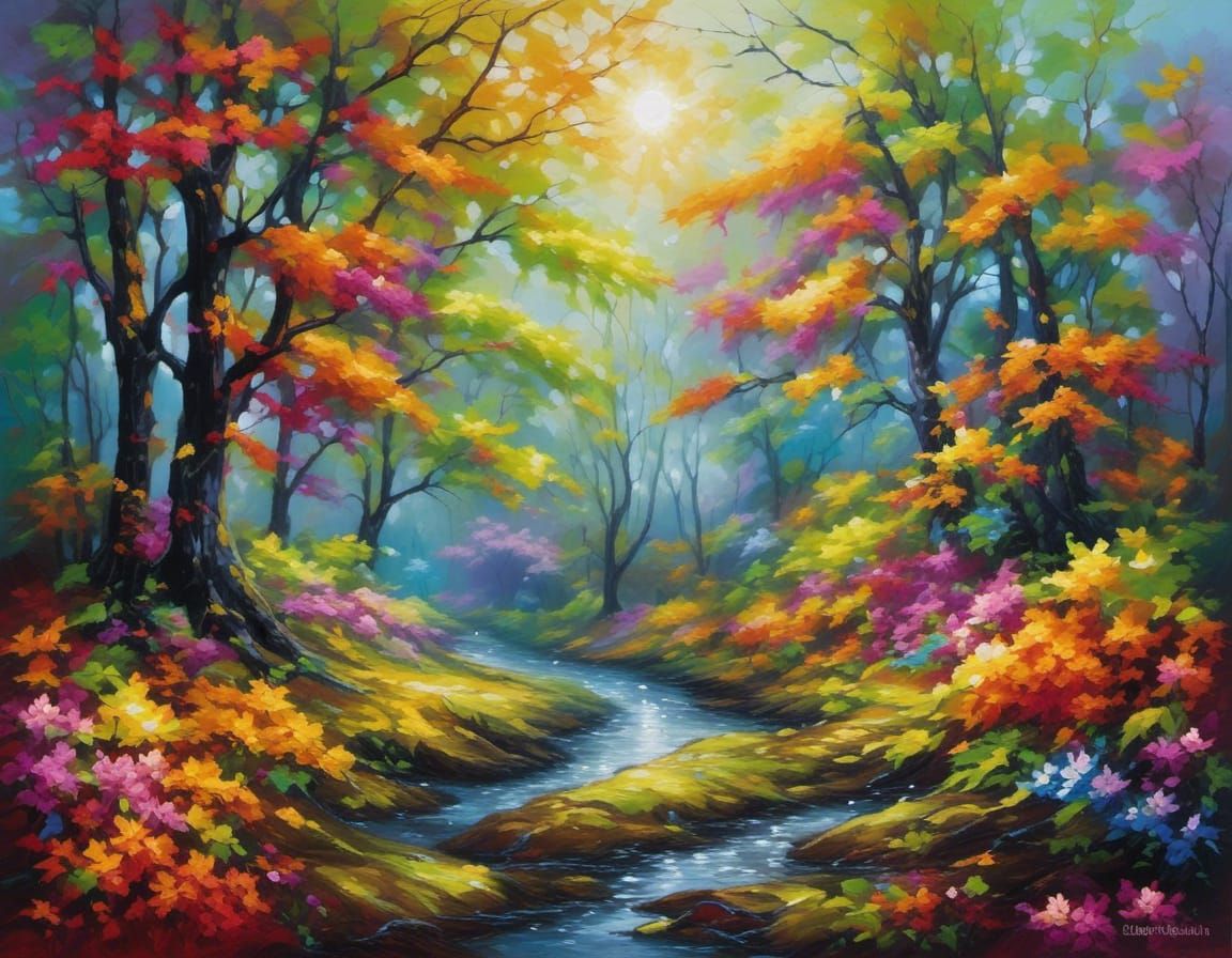 Enchanted Forest with Bioluminescent Flora as Impasto Painti...