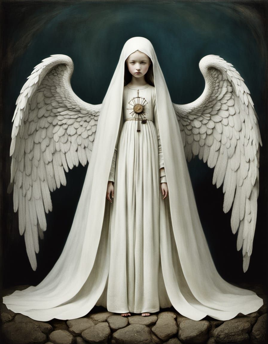 Long distance, (Full body:1.5), a white cloaked angel with n...