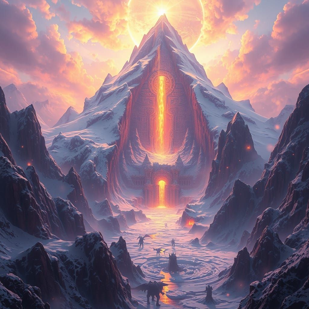 Majestic Snow-Enshrouded Fortress Volcano Teeming with Drago...