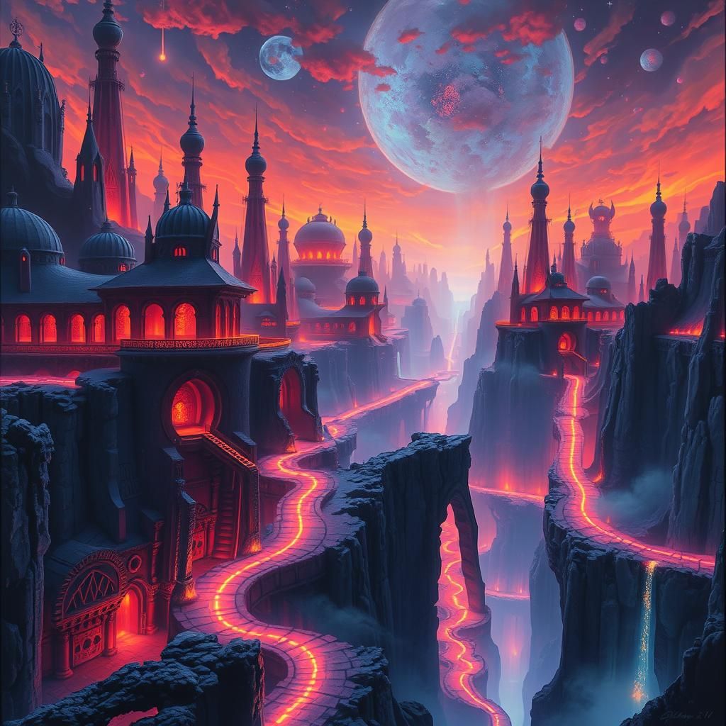 Mystical Landscape: Dreamlike Architecture in Neon Light