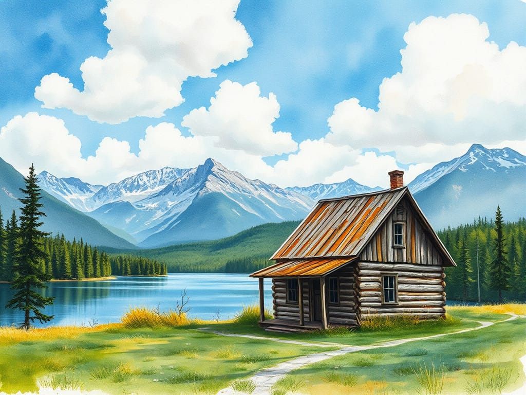 Wooden House by Serene Lake in Vibrant Watercolor