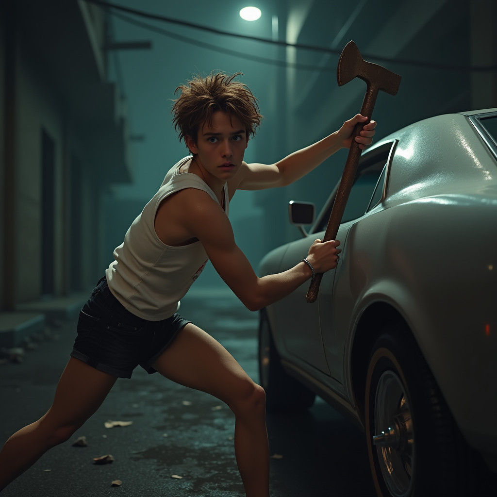 Youthful Thief Frozen in the Act of Breaking into a Sleek Si...