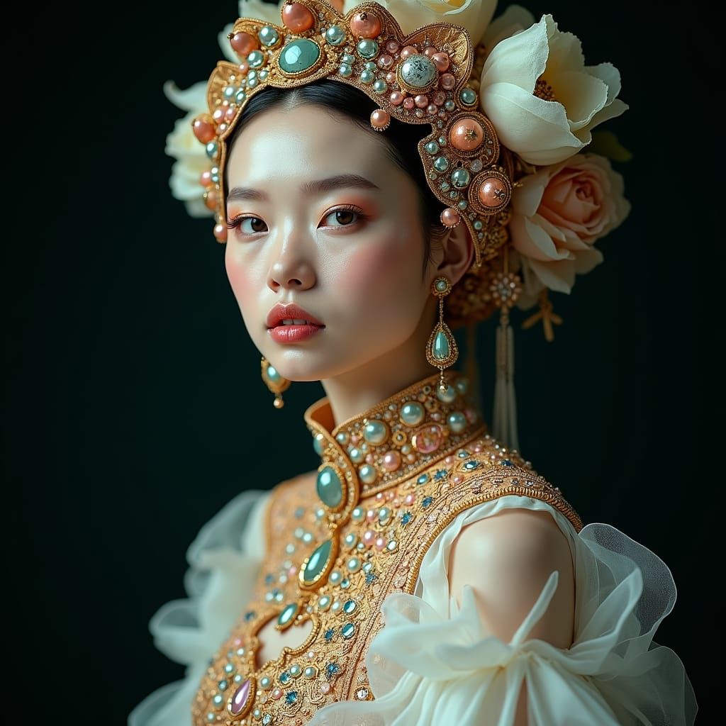 Stunning Woman in Sci-Fi Anime Gemstone Gown