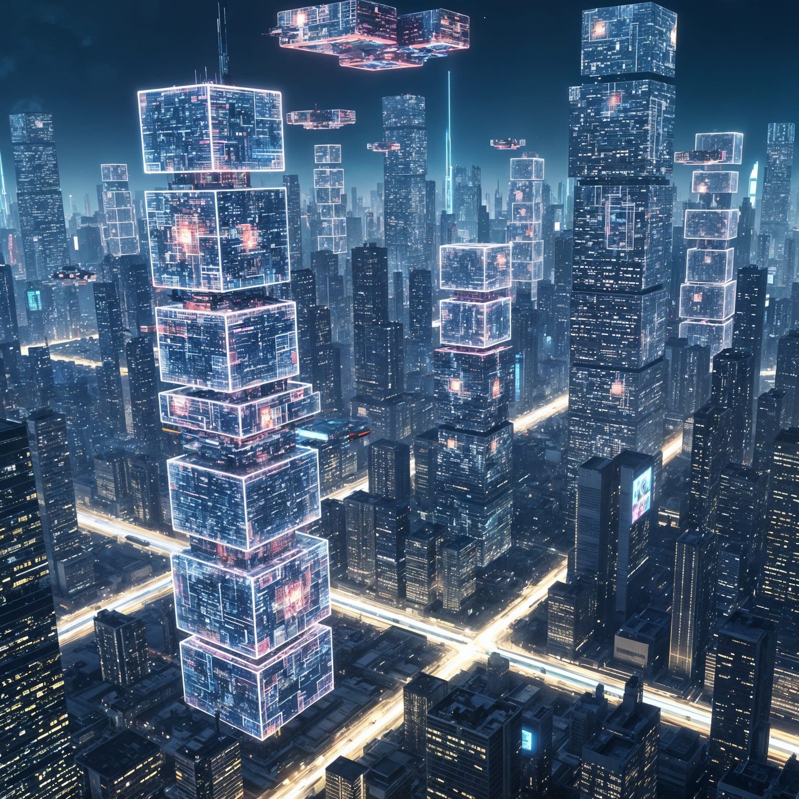 Cyberpunk Cityscape of Holographic Data Cubes