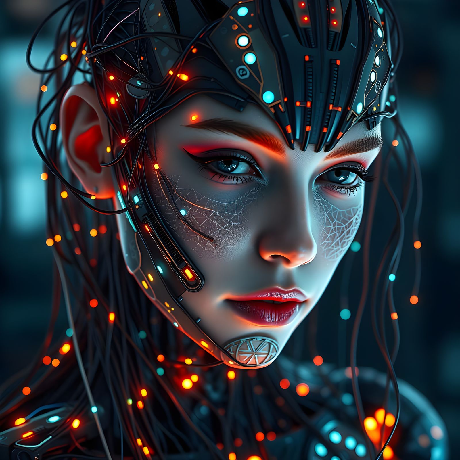 Cyborg Goddess in Luminous Circuitry