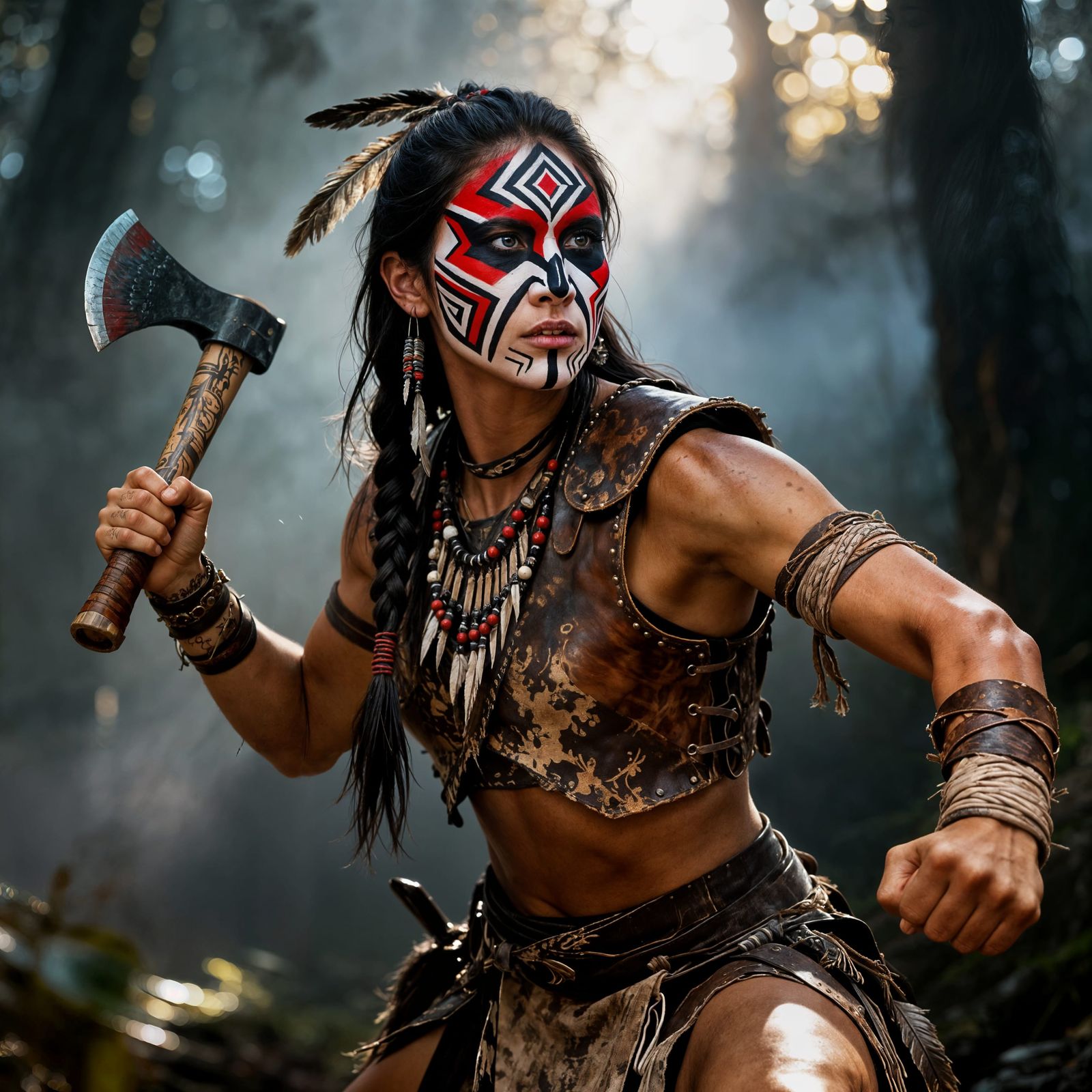 Young American Indian Warrior lady.  Face paint, leather wraps on her arm mussels. This lady is tough, but beautiful. in...