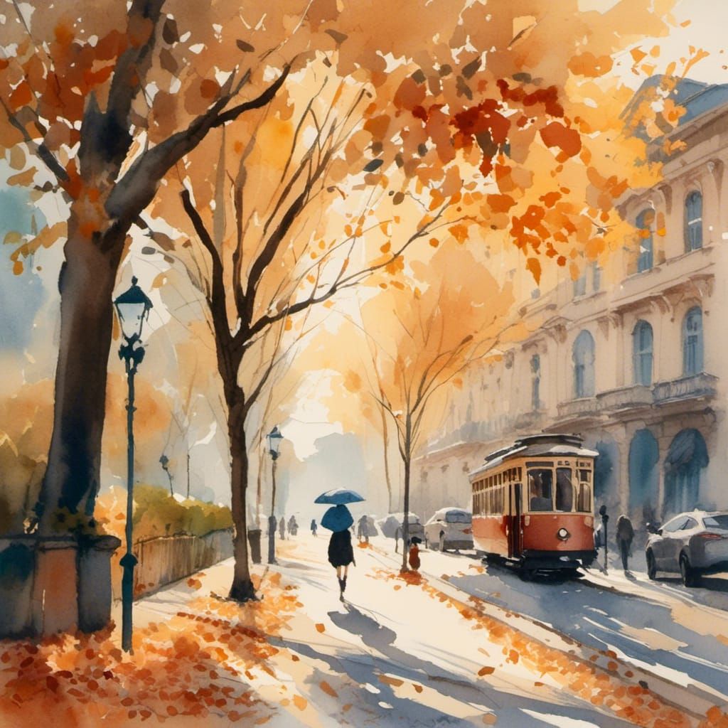 Impressionist Watercolor Painting of Autumn Street Scene