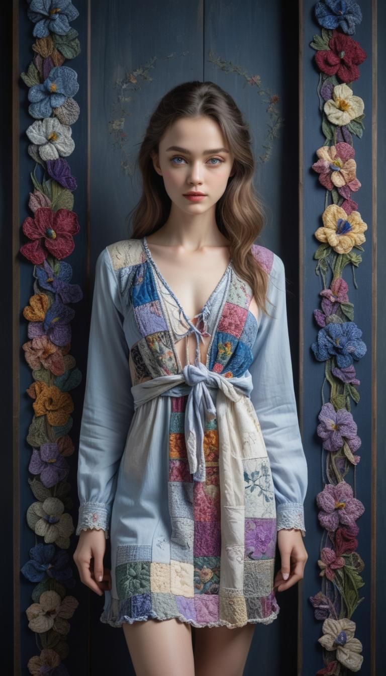 attractive model wearing nighties made of knots, patchwork a...