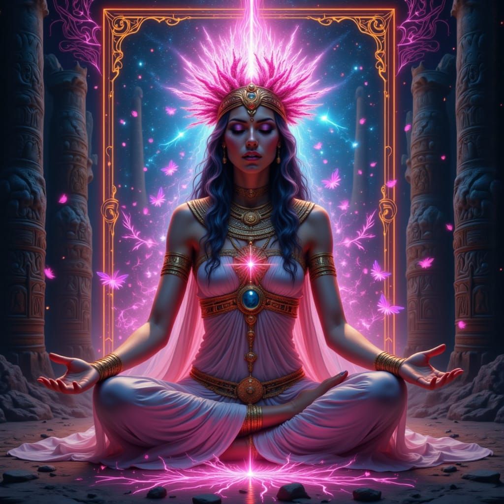 Mesopotamian Oracle Between Ziggurats in Tarot Style