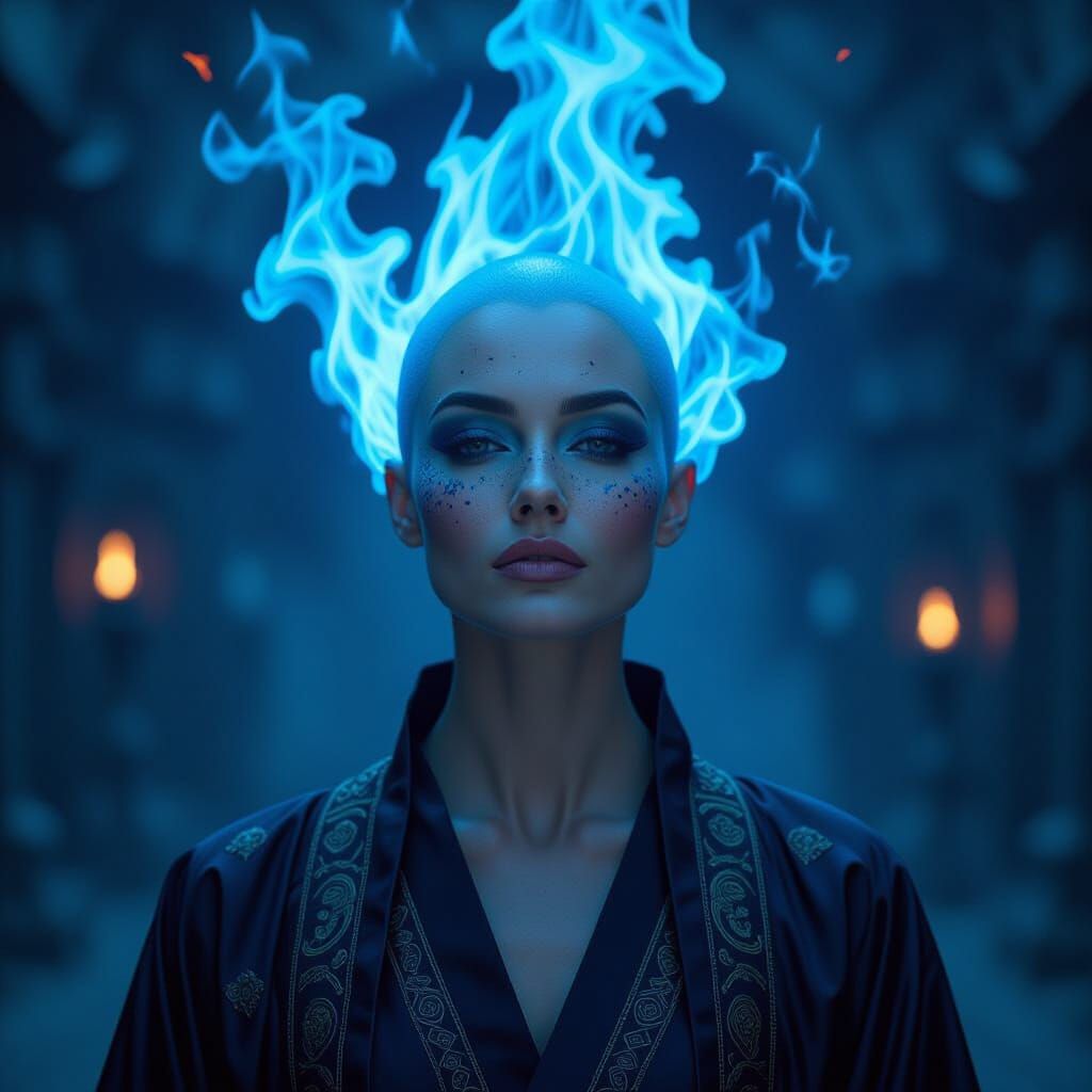 Blue-Skinned Wizard with Fiery Hair in Cinematic Style