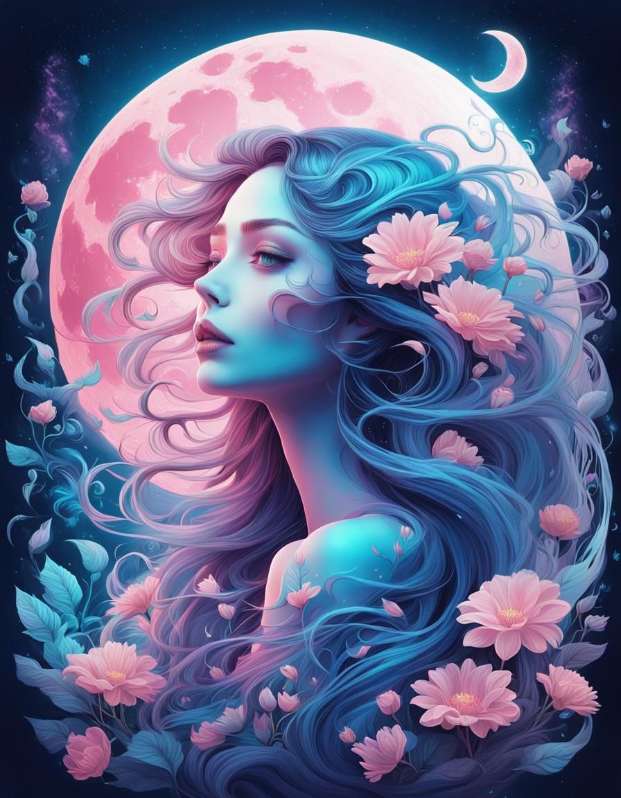 A beautiful woman with flowers and moon