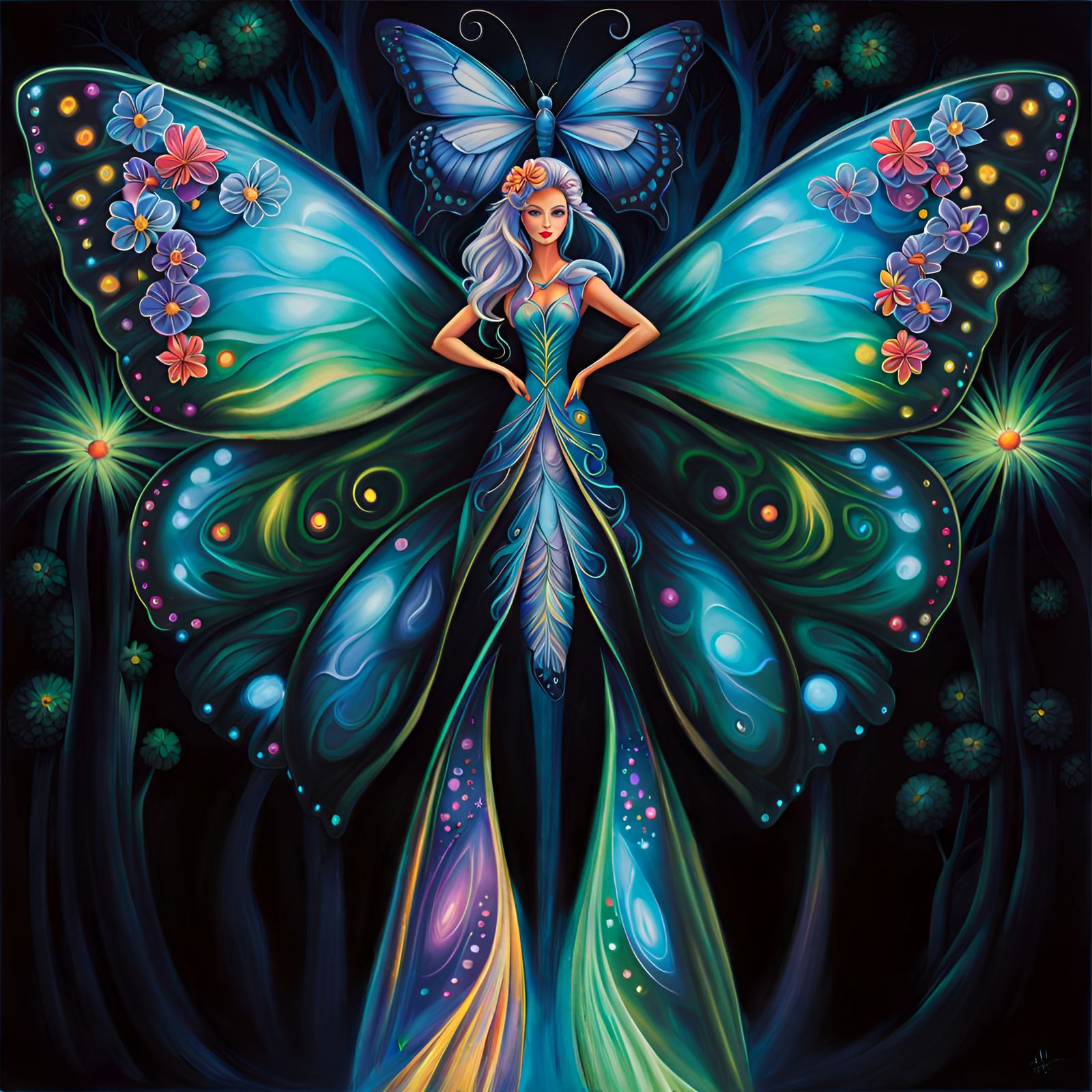 Bioluminescent Butterfly Fairy in Psychedelic Forest