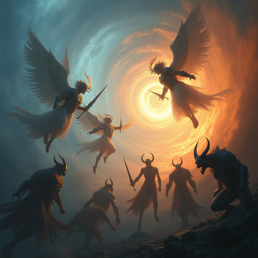 Angels vs Devils: Epic Battle in Matte Painting Style