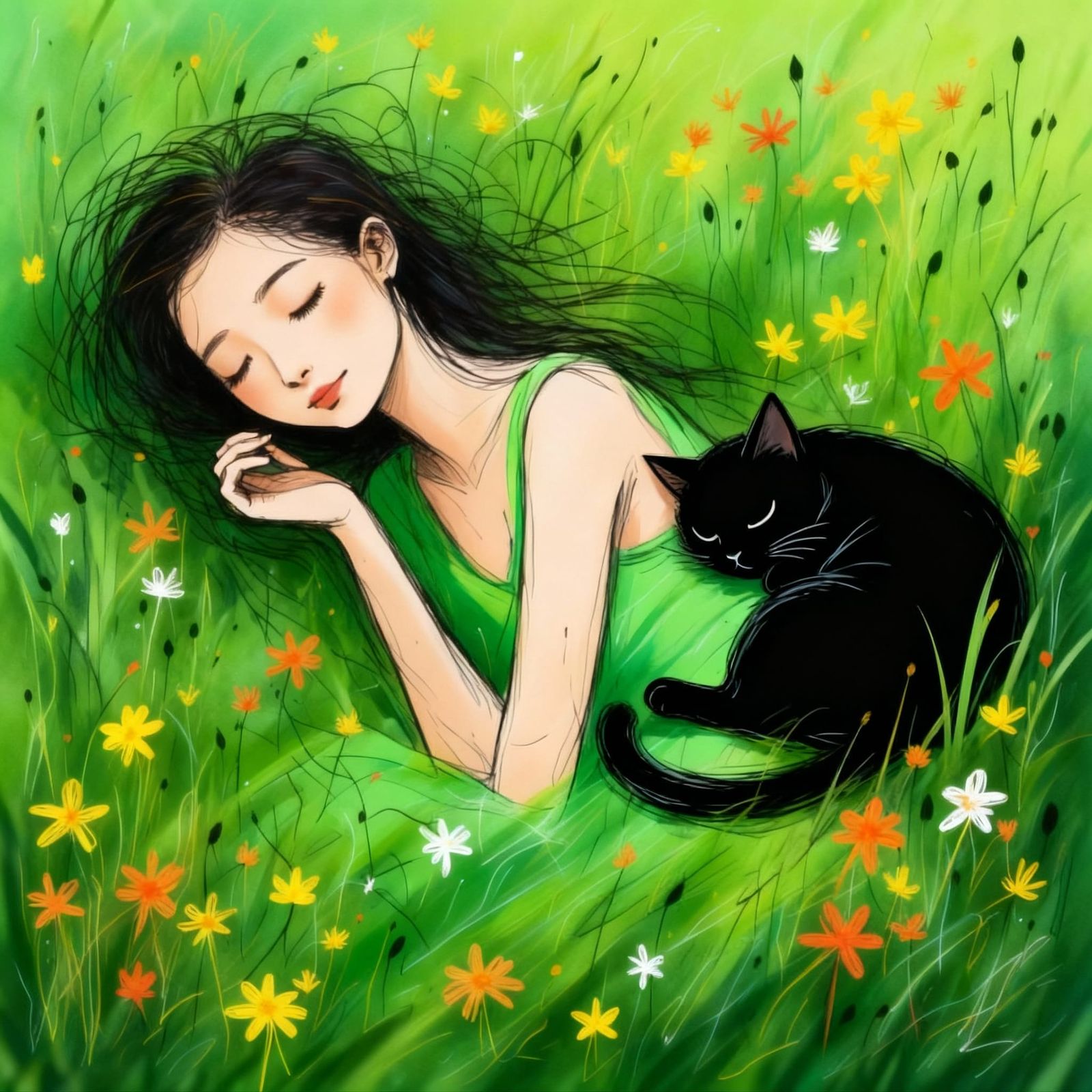 Woman and Black Cat Sleeping Peacefully in Grass